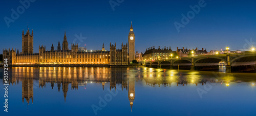 Night time panorama of Big Ben and Westminster Bridge