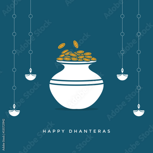 Happy Dhanteras Minimal Poster, Goddess Maa Lakshmi, Gold Coin Pot for Indian Dhanteras and Diwali Festival Celebration