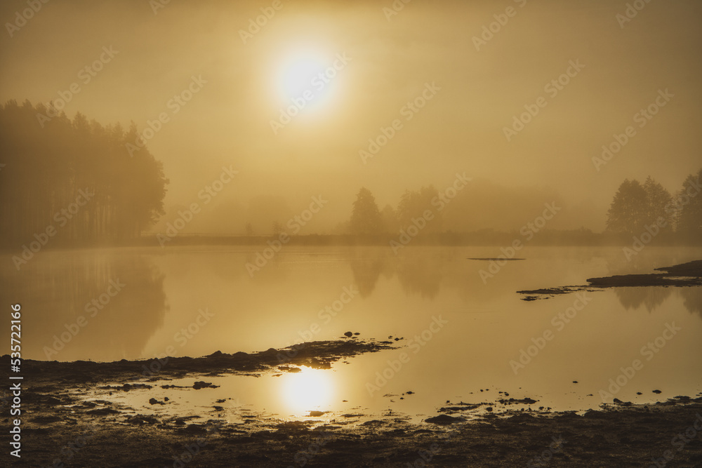 Naklejka premium Picturesque view of the rising sun on a foggy morning on the shore of a forest lake. Autumn outdoors from low angle view