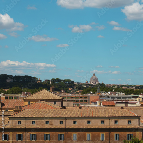 Panoramic view of Basilica St. Peter dome and rooftops of Rome, Italy