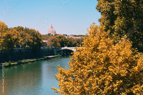 Basilica of St. Peter dome in Rome, view from the river Tiber 