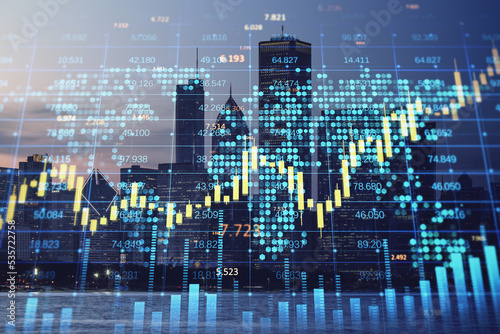 Abstract forex chart with candlestick graph  index and tech hologram on blurry bright city background. Trade  stock  and finance concept. Double exposure.