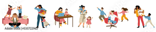Tired mom burnout, fatigue mothers and their children isolated set. Stressed exhausted women with naughty kids mess around, parenthood, multitasking concept, Cartoon linear flat vector illustration