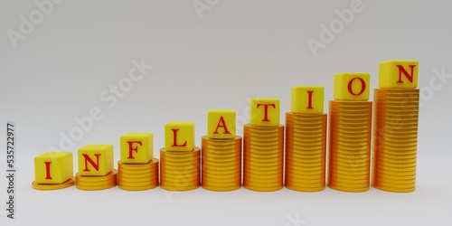 3D illustration, dice with letters on coins, forming the word inflation, concept of increasing interest rates, gray background, 3D rendering.