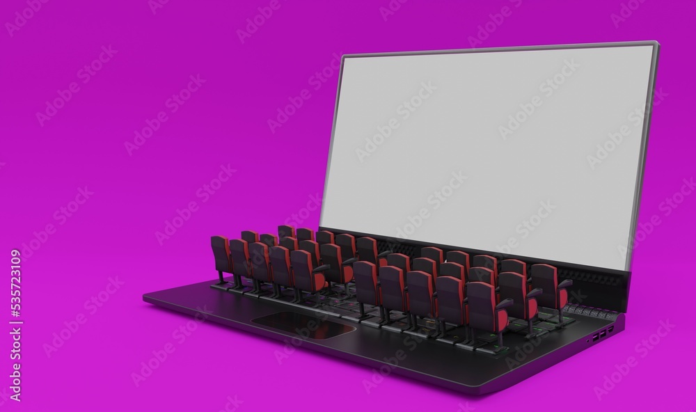 3d illustration,laptop and rows of cinema seat,video player or home theater concept , pink background,3d rendering. 3d illustration,laptop and rows of cinema seat,video player or home theater concept , pink background,3d rendering.