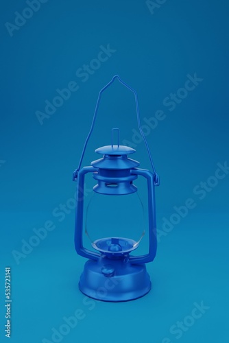 3D illustration, image of kerosene lamp, blue background, 3D rendering. © Jorge Ferreiro