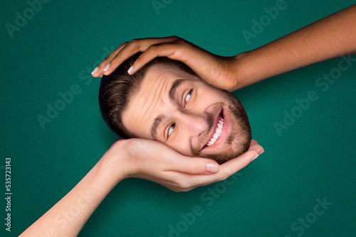 Creative collage poster of bizarre guy having no body skincare therapy concept isolated on green color background photo