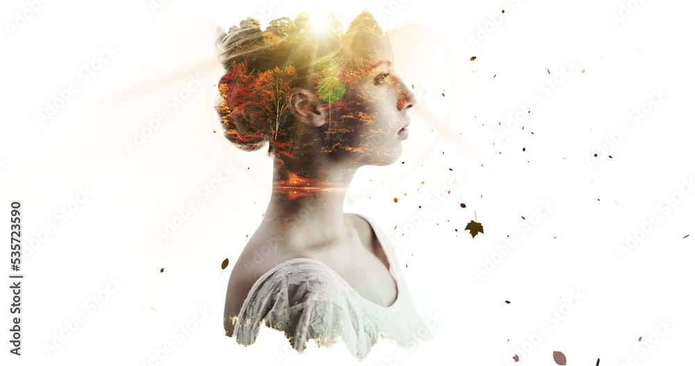 Beauty, nature and graphic with an ai woman in studio isolated on a white background with mockup. Future, abstract and technology with a computer generated female with overlay, CGI or special effects