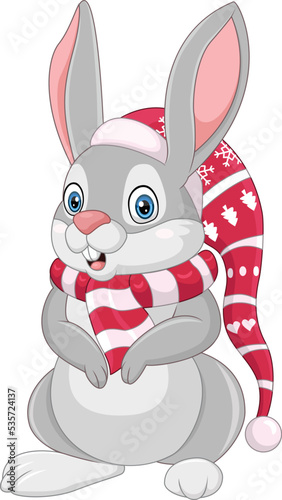 Cartoon rabbit in a santa hat and scarf