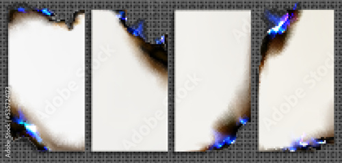 Burn paper with blue fire, isolated burning cards in flame. Vertical parchment pages with smoldering edges. Blank templates for letter, vintage scroll, flaming notes or frames, Realistic vector set