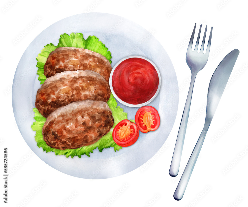 Fried cutlets with sauce and vegetables watercolor Fried cutlets with sauce and vegetables watercolor