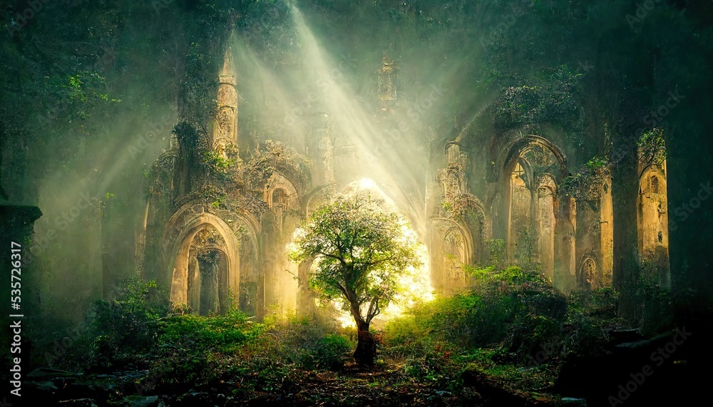 a sacred holy tree grows in the ruins of an Ancient cathedral, enchanted  elven mysterious forest, divine light shines in, cinematic photo, fantasy  Stock Illustration | Adobe Stock