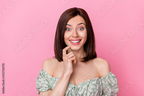 Photos Photo of sweet cheery satisfied lady girlfriend wear trendy summer outfit clothe