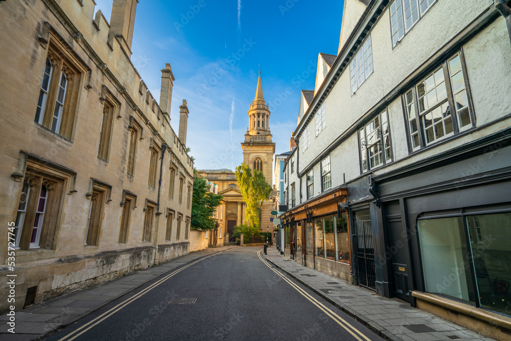 Turl street overlooking All Saints Church tower in Oxford. England
