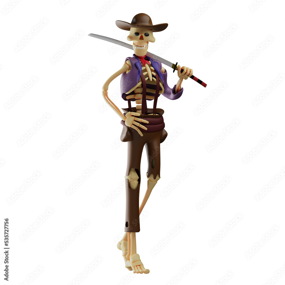 3D illustration. Valiant 3D Skull Cowboy Cartoon Character holding a gun. hands are on the waist. by showing a sly smile. 3D Cartoon Character