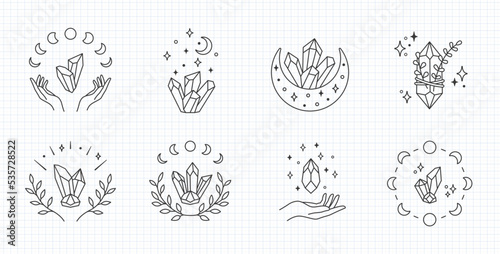 Mystical moon crystal, line art vector logo. Boho crystal clipart, editable stroke
