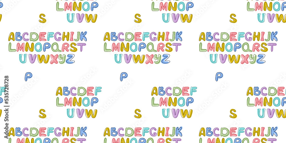 Seamless pattern set of cartoons in the English alphabet for the child abc . Hand drawing. Design for typography, banners, cards and more. Flat vector style. Seamless pattern set of cartoons in the English alphabet for the child abc . Hand drawing. Design for typography, banners, cards and more. Flat vector style.