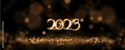 2023 golden fire light lines text new year background with yellow defocused blurred light effect bokeh. Vector eps10