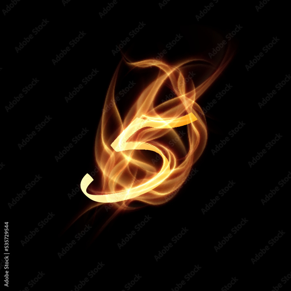 Fototapeta premium Burning fire number 5. Digit five with fire effect on black background. Vector eps10