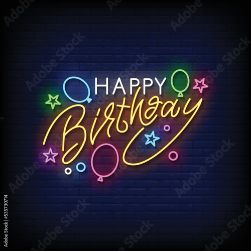 Neon Sign happy birthday with Brick Wall Background vector