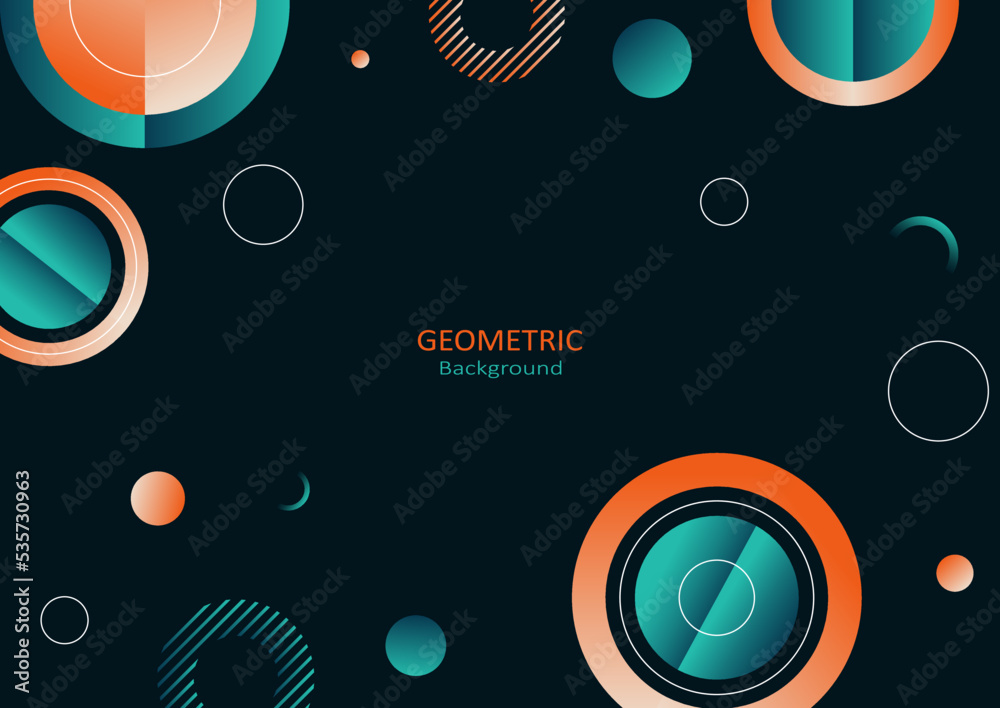 Abstract geometric template with orange and green round shapes on a dark background. Copy space for text. Landing page design. Vector Illustration.