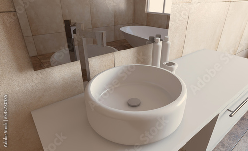 Spacious bathroom, clean, beautiful, luxurious, bright room. 3D rendering.