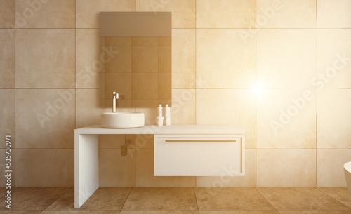 Clean and fresh bathroom with natural light. 3D rendering.. Sunset.