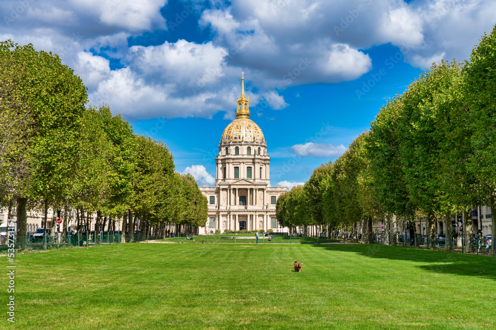 Beautiful view of the golden dome of Les Invalides from the public park in Paris, France