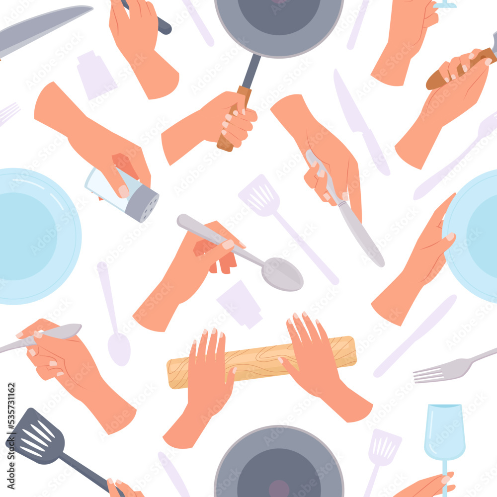 utensils pattern. kitchenware in hands tools for preparing food forks pan and plates. Vector seamless background
