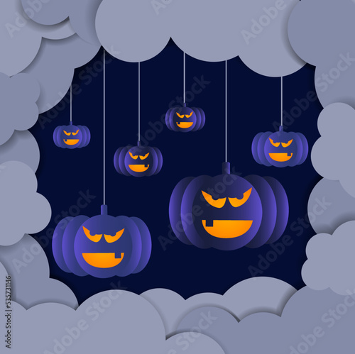 The dark clouds and from the pumpkins on the rope are a spooky Halloween on a dark background. The shadow conveys the flatness of the illustration.