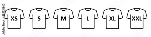 T-shirt Size Icon Set. Clothing Size Label or Tag Pictogram. Man or woman Shirt. Size From XS to XXL. Vector Isolated Illustration