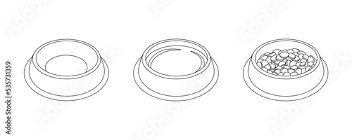 Bowl of food for feed dog and cat pet in doodle style, vector illustration. Animal bowl icon, food and water dish. Set of isolated elements on white background for print and design