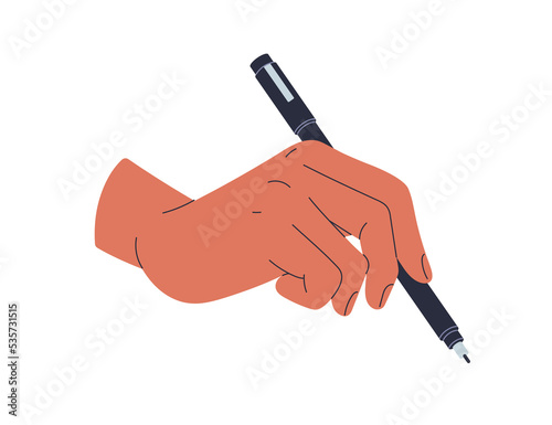Hand writing, drawing with liner. Artists arm holding thin felt-tip pen for handwriting, calligraphy, painting. Wrist and art tool, instrument. Flat vector illustration isolated on white background
