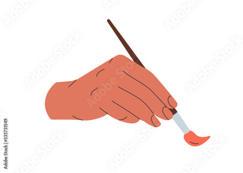 Hand holding paintbrush, making brush stroke, applying paint. Artists arm, wrist drawing. Fingers squeezing painting tool, supplies. Flat vector illustration isolated on white background