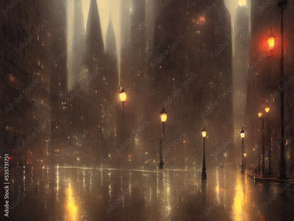 Night Gotham in the rain. Oil paints, illustration.