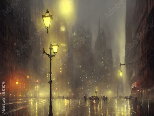 Night Gotham in the rain. Oil paints, illustration.