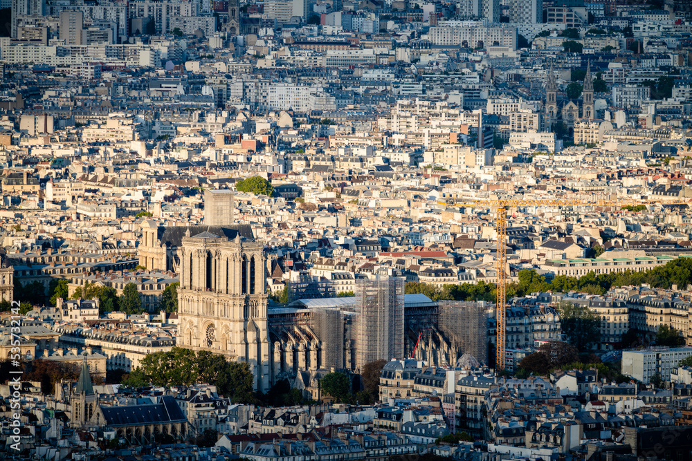 Notre Dame cathedral under repair construction in Paris. France