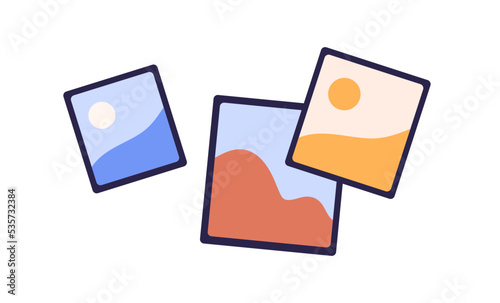 Photos, framed images composition. Printed paper photographs. Abstract pictures, photographic shots. Snapshot cards, memory pics. Flat vector illustration isolated on white background