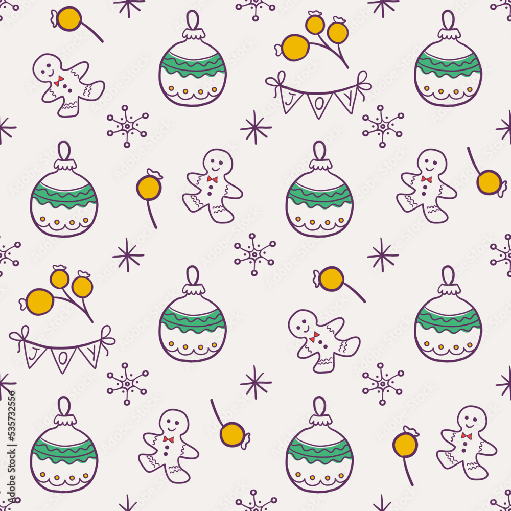Seamless doodle style Christmas pattern. Cute background with Christmas or New Year elements. Vintage vector illustration for wrapping paper, fabric, textile. Seamless doodle style Christmas pattern. Cute background with Christmas or New Year elements. Vintage vector illustration for wrapping paper, fabric, textile.