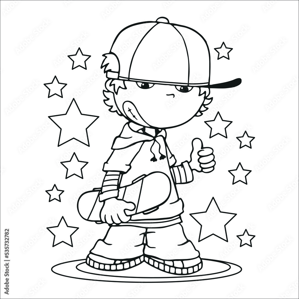 Boy holding his skateboard with stars in the background, clipart