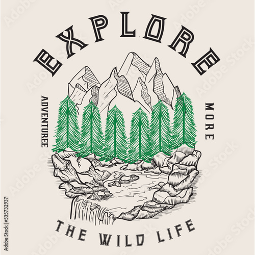 Mountain adventure vintage print design for t shirt. Wild lake vector artwork design., Adventure at the mountain graphic artwork for t shirt and others. Mountain with tree retro vintage print design.
