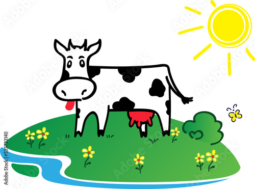 Funny Cow Black and White. Sun and field. PNG illustration