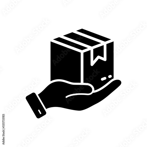Parcel Box in Hand Silhouette Icon. Receive Present in Carton Package Glyph Pictogram. Give Cardboard Packaging Gift Giveaway Symbol. Courier Giving Box in Palm Sign. Isolated Vector Illustration