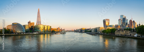 Skyline panorama of London south bank and financial district at sunrise