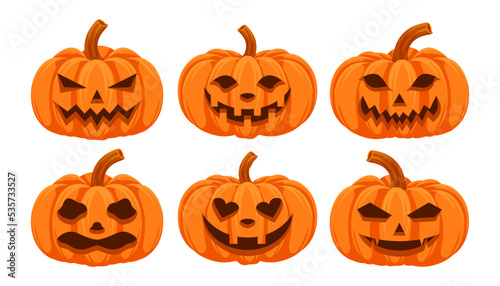 Set pumpkin on white background. Jack o lantern pumpkin with expression for your design for the holiday Halloween. Vector flat illustration
