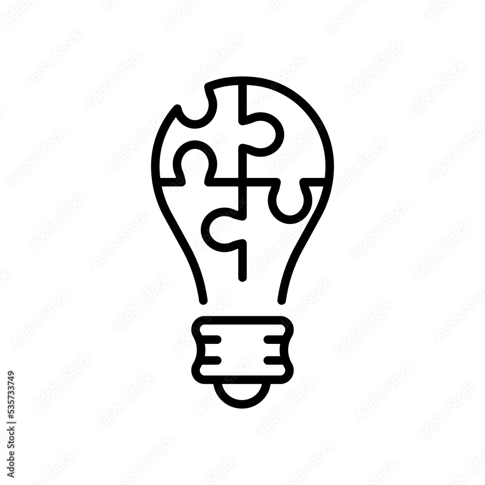 Light Bulb with Jigsaw Puzzle Idea Line Icon. Innovation, Inspiration, Think, Lamp Symbol. Lightbulb and Game Pictogram. Solution Concept Outline Icon. Editable Stroke. Isolated Vector Illustration Light Bulb with Jigsaw Puzzle Idea Line Icon. Innovation, Inspiration, Think, Lamp Symbol. Lightbulb and Game Pictogram. Solution Concept Outline Icon. Editable Stroke. Isolated Vector Illustration