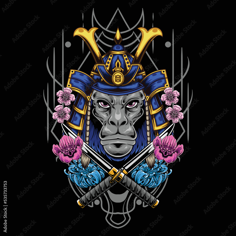 Fototapeta premium vector illustration of monkey wearing samurai helmet