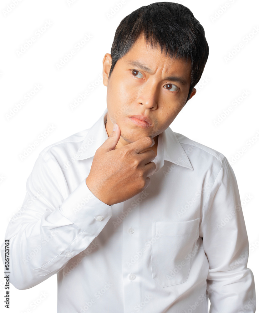 Portrait of businessman thinking, question, thoughtful gesture.