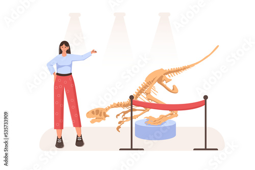 An illustration with a girl and a paleontological museum containing a dinosaur skeleton. Museum tour