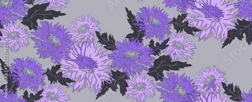 Vector floral seamless pattern with violet flowers and leaves on grey background. Vector floral swatch for wallpaper, bedding, home textile, fabric, poster, package.